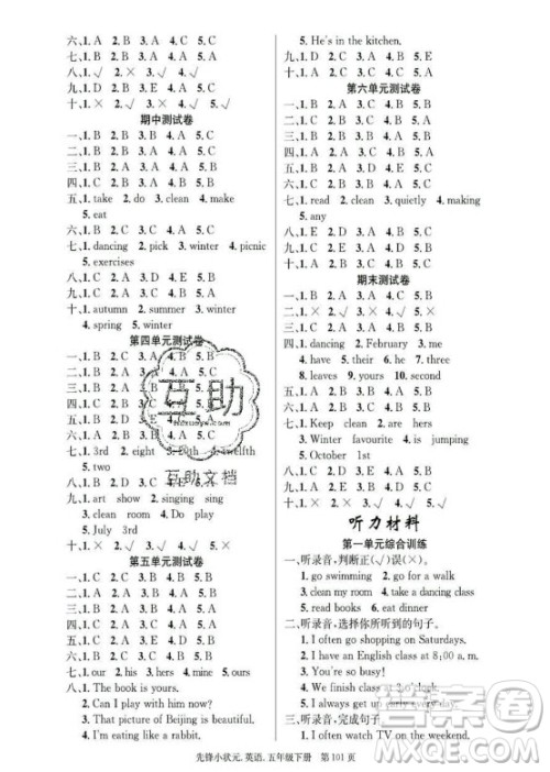 新世纪出版社2021先锋小状元英语五年级下册PEP人教版答案 新世纪出版社2021先锋小状元英语五年级下册PEP人教版答案