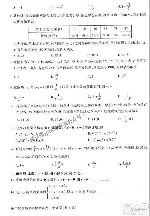 2021年甘肃省第二次高考诊断考试文科数学试题及答案 2021年甘肃省第二次高考诊断考试文科数学试题及答案