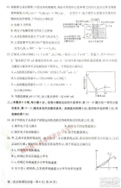 2021年甘肃省第二次高考诊断考试理科综合试题及答案