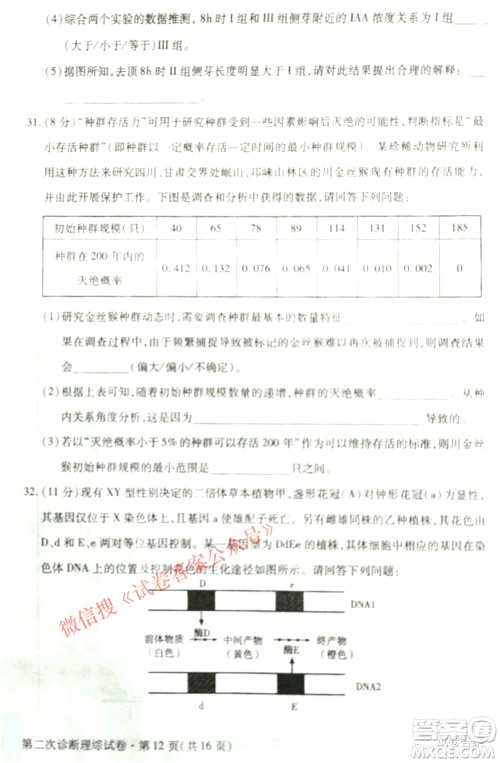 2021年甘肃省第二次高考诊断考试理科综合试题及答案