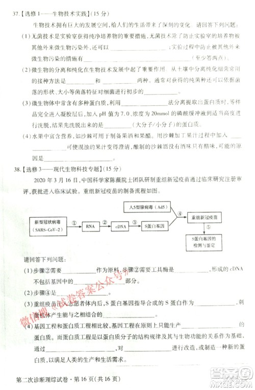 2021年甘肃省第二次高考诊断考试理科综合试题及答案