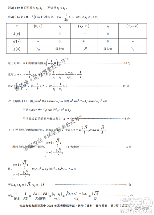 安庆市省市师范高中2021年高考模拟考试理科数学试题及答案