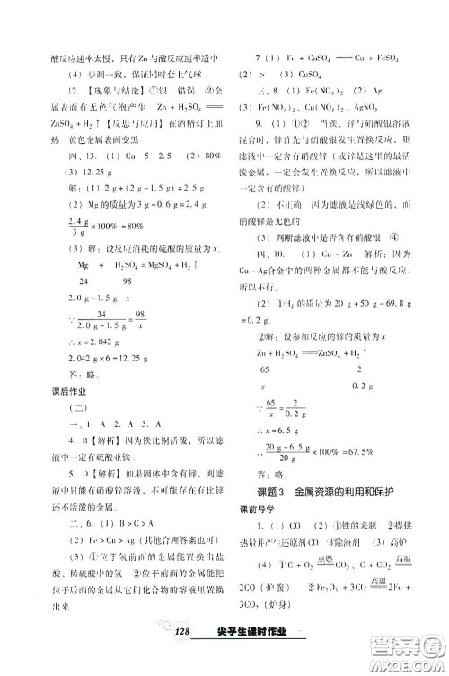 辽宁教育出版社2021尖子生新课堂课时作业九年级化学下册人教版答案