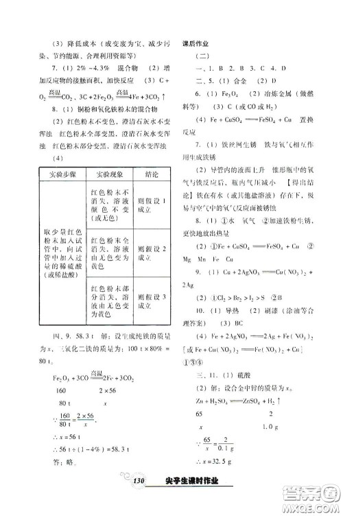 辽宁教育出版社2021尖子生新课堂课时作业九年级化学下册人教版答案