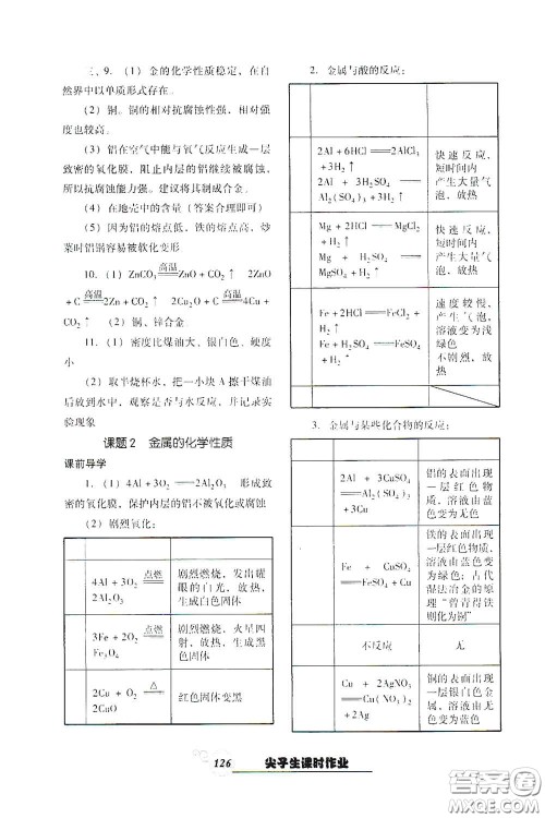 辽宁教育出版社2021尖子生新课堂课时作业九年级化学下册人教版答案