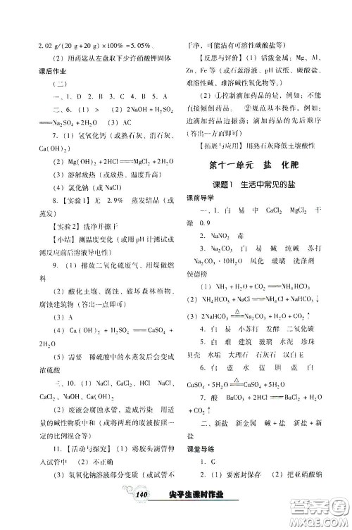 辽宁教育出版社2021尖子生新课堂课时作业九年级化学下册人教版答案