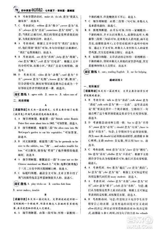 江苏凤凰科学技术出版社2021初中英语小题狂做巅峰版七年级下册译林版答案