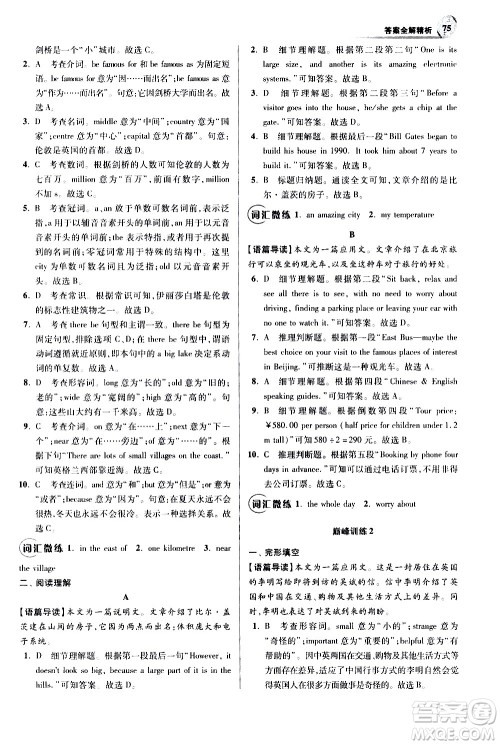 江苏凤凰科学技术出版社2021初中英语小题狂做巅峰版七年级下册译林版答案
