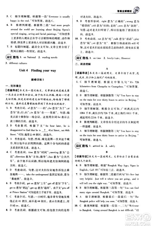 江苏凤凰科学技术出版社2021初中英语小题狂做巅峰版七年级下册译林版答案