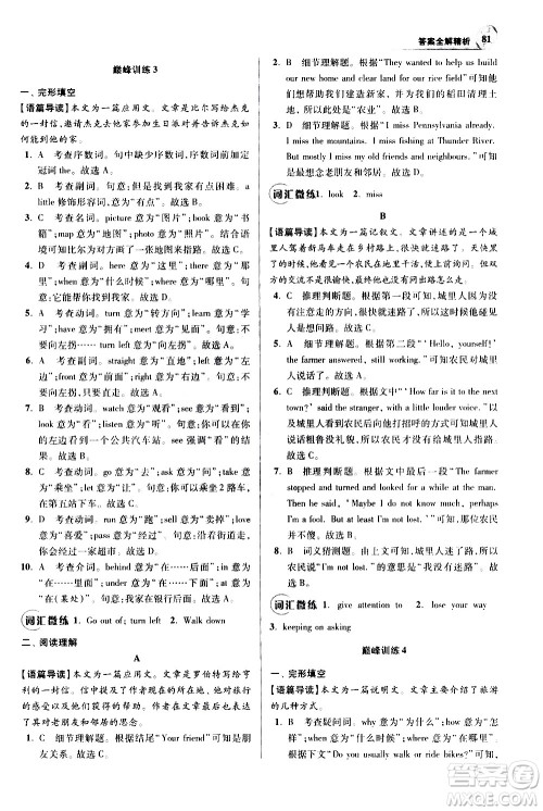 江苏凤凰科学技术出版社2021初中英语小题狂做巅峰版七年级下册译林版答案