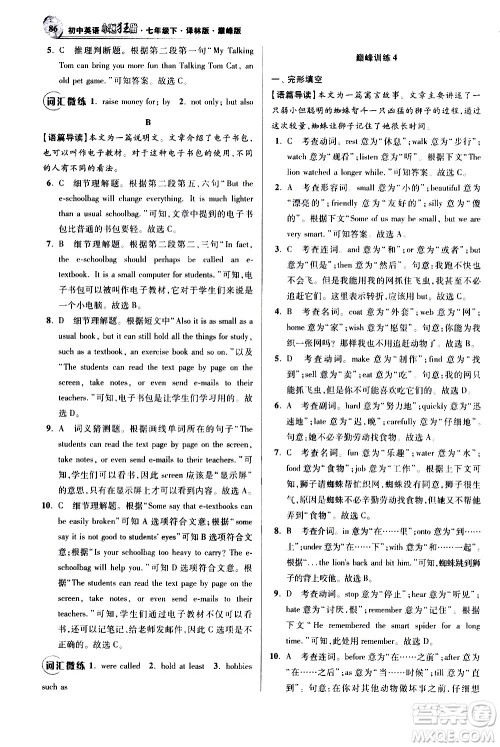 江苏凤凰科学技术出版社2021初中英语小题狂做巅峰版七年级下册译林版答案