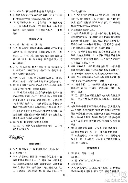 江苏凤凰科学技术出版社2021中考语文小题狂做提优版通用版答案