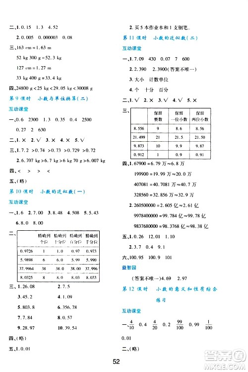 陕西人民教育出版社2021新课程学习与评价四年级数学下A人教版答案