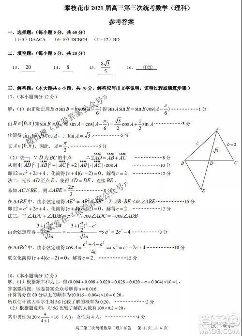 攀枝花市2021届高三第三次统一考试理科数学试题及答案