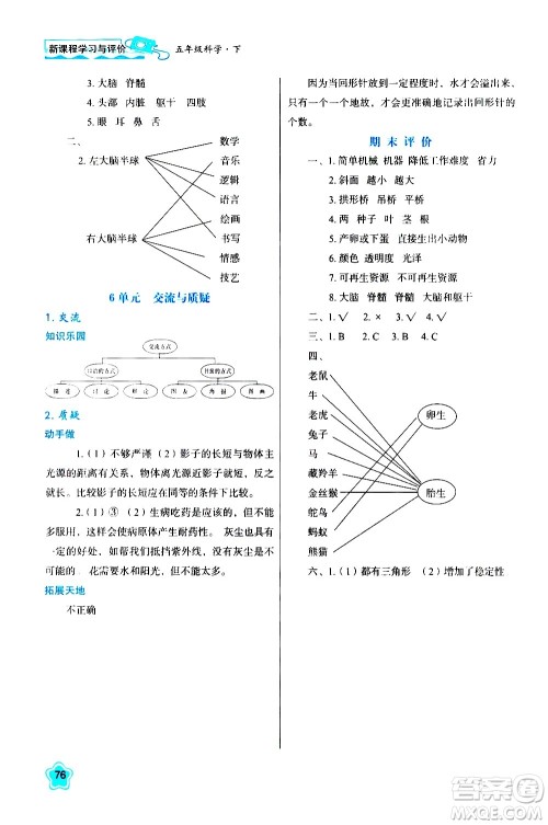 陕西人民教育出版社2021新课程学习与评价五年级科学下B苏教版答案