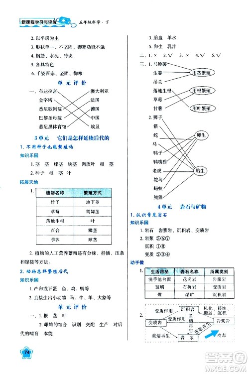 陕西人民教育出版社2021新课程学习与评价五年级科学下B苏教版答案