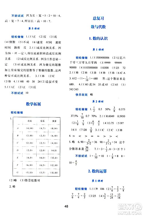 陕西人民教育出版社2021新课程学习与评价六年级数学下C北师大版答案