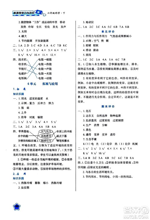 陕西人民教育出版社2021新课程学习与评价六年级科学下B苏教版答案 陕西人民教育出版社2021新课程学习与评价六年级科学下B苏教版答案