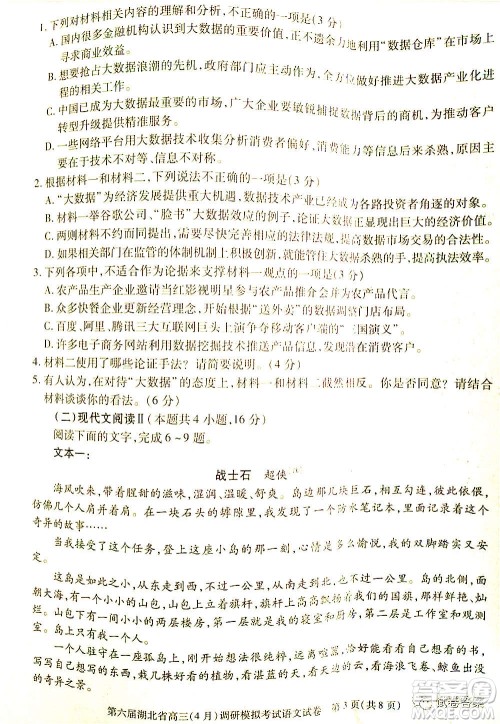 2021年第六届湖北省高三4月调研模拟考试语文试题及答案