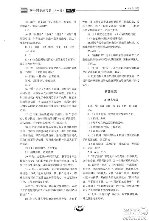 山东教育出版社2021初中同步练习册九年级语文下册人教版五四学制答案