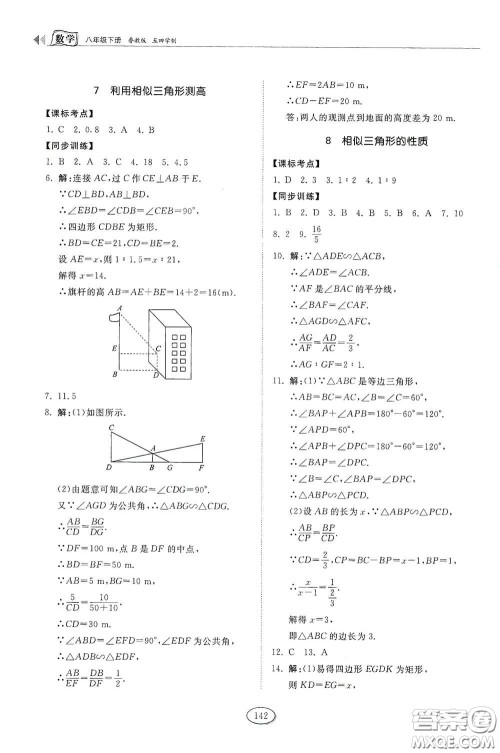 山东科学技术出版社2021初中同步练习册八年级数学下册鲁教版五四学制答案