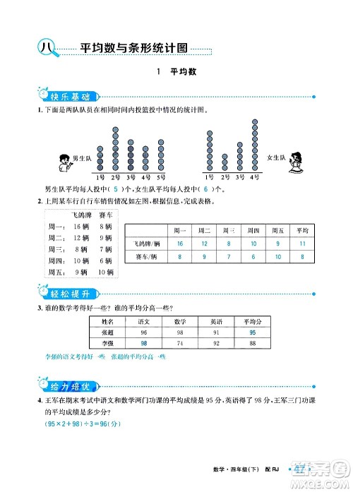 新疆青少年出版社2021小学一课一练课时达标数学四年级下册RJ人教版答案