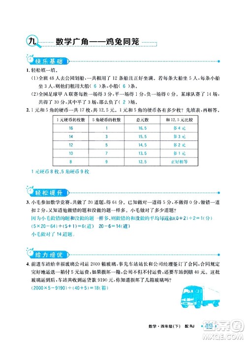 新疆青少年出版社2021小学一课一练课时达标数学四年级下册RJ人教版答案