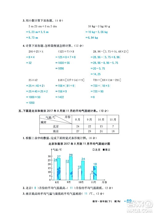 新疆青少年出版社2021小学一课一练课时达标数学四年级下册RJ人教版答案