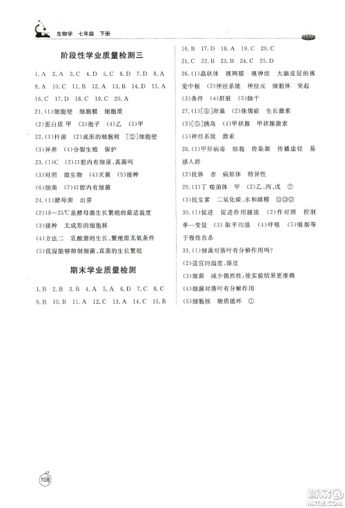 山东友谊出版社2021初中同步练习册七年级生物学下册鲁科版五四学制答案