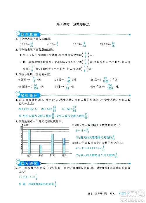 新疆青少年出版社2021小学一课一练课时达标数学五年级下册RJ人教版答案