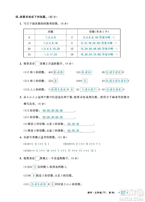 新疆青少年出版社2021小学一课一练课时达标数学五年级下册RJ人教版答案