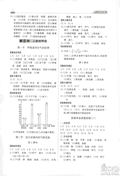山东友谊出版社2021初中同步练习册七年级生物学下册人教版山东省专用答案