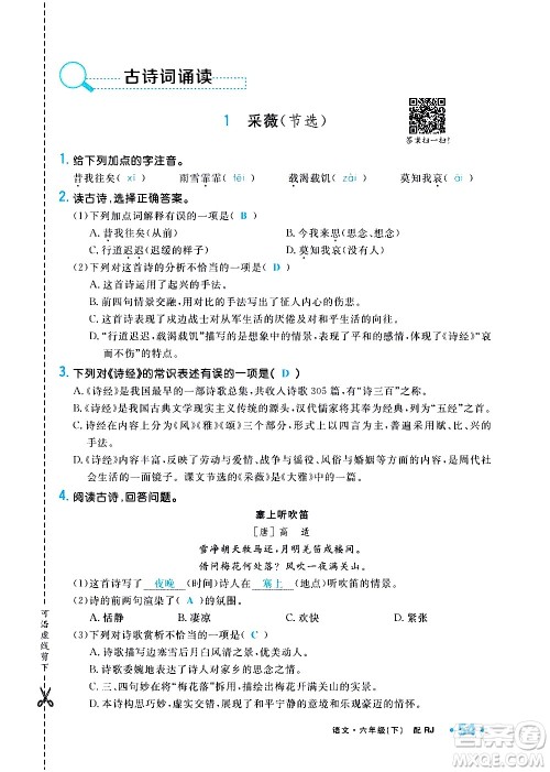 新疆青少年出版社2021小学一课一练课时达标语文六年级下册RJ人教版答案