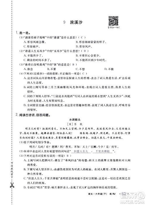 新疆青少年出版社2021小学一课一练课时达标语文六年级下册RJ人教版答案