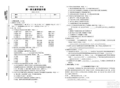 新疆青少年出版社2021小学一课一练课时达标语文六年级下册RJ人教版答案