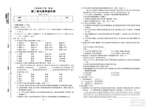 新疆青少年出版社2021小学一课一练课时达标语文六年级下册RJ人教版答案