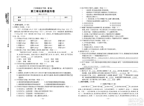 新疆青少年出版社2021小学一课一练课时达标语文六年级下册RJ人教版答案