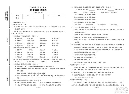 新疆青少年出版社2021小学一课一练课时达标语文六年级下册RJ人教版答案