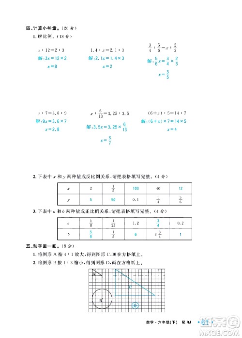 新疆青少年出版社2021小学一课一练课时达标数学六年级下册RJ人教版答案