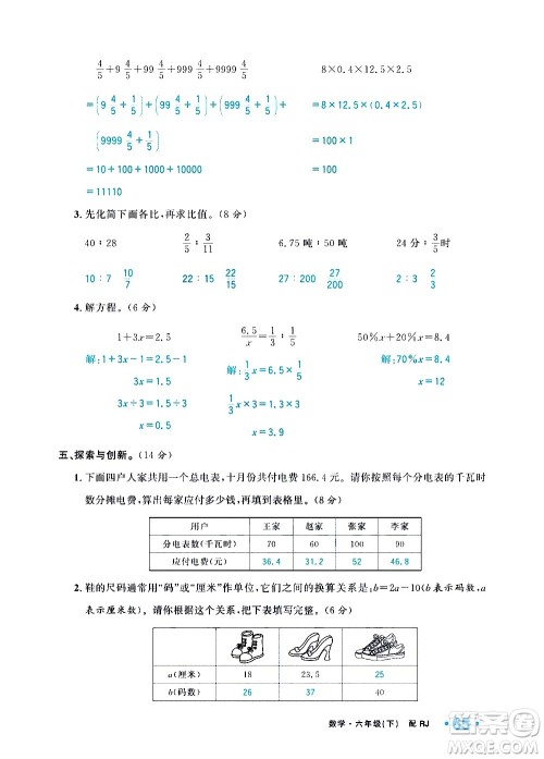 新疆青少年出版社2021小学一课一练课时达标数学六年级下册RJ人教版答案