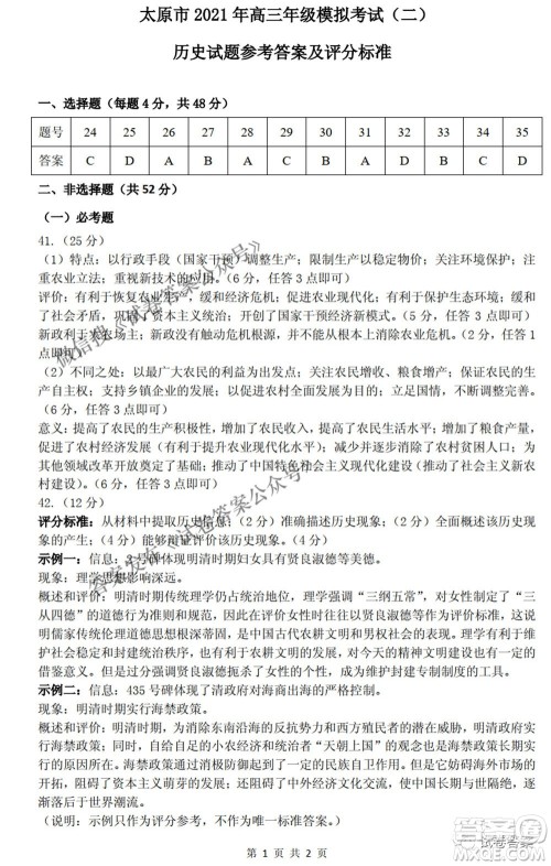 太原市2021年高三年级模拟考试二文科综合试卷及答案 太原市2021年高三年级模拟考试二文科综合试卷及答案