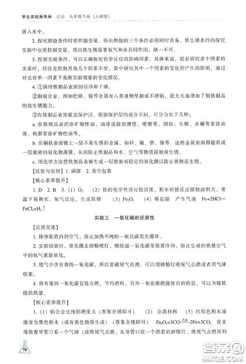 辽海出版社2021学生实验报告册九年级化学下册人教版答案