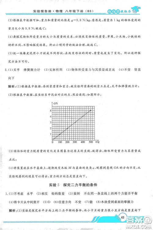 陕西人民教育出版社2021新课程学生实验报告册八年级初中物理下册北师大版答案