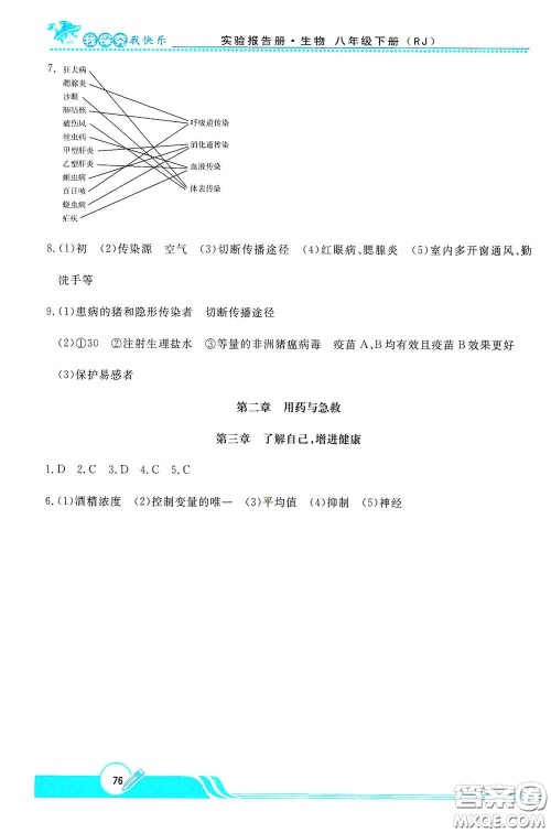 陕西人民教育出版社2021新课程学生实验报告册八年级初中生物下册人教版答案