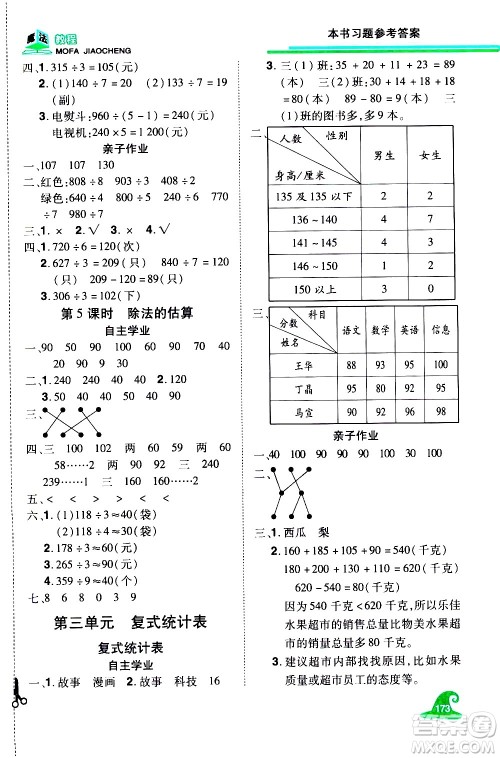 江西美术出版社2021魔法教程数学三年级下册精练版RJ人教版答案