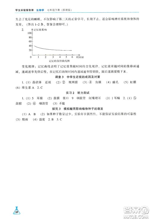 辽海出版社2021学生实验报告册七年级生物学下册苏教版答案