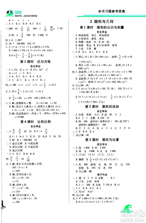 江西美术出版社2021魔法教程数学六年级下册精练版RJ人教版答案