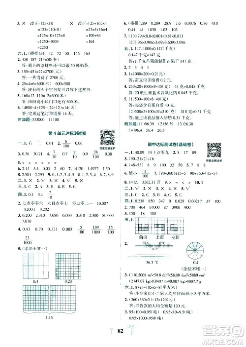 陕西师范大学出版总社有限公司2021小学学霸冲A卷数学四年级下册RJ人教版答案