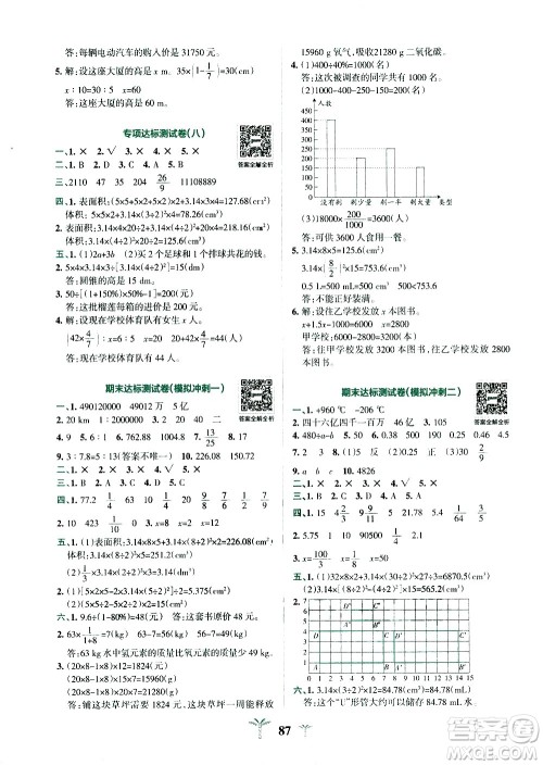 陕西师范大学出版总社有限公司2021小学学霸冲A卷数学六年级下册RJ人教版答案