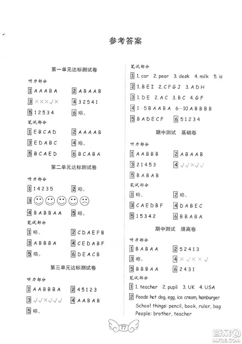 山东教育出版社2021金版小学英语试卷金钥匙三年级下册人教PEP版答案